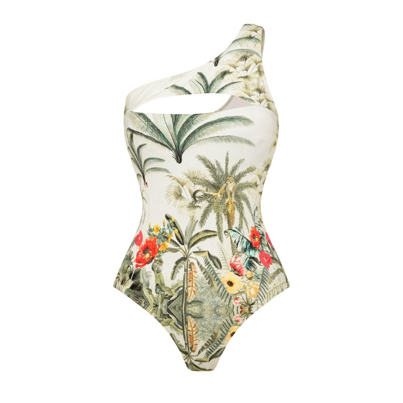 Tropical Print One-Shoulder One-Piece Swimsuit with Sheer Maxi Sarong – Front Cutout