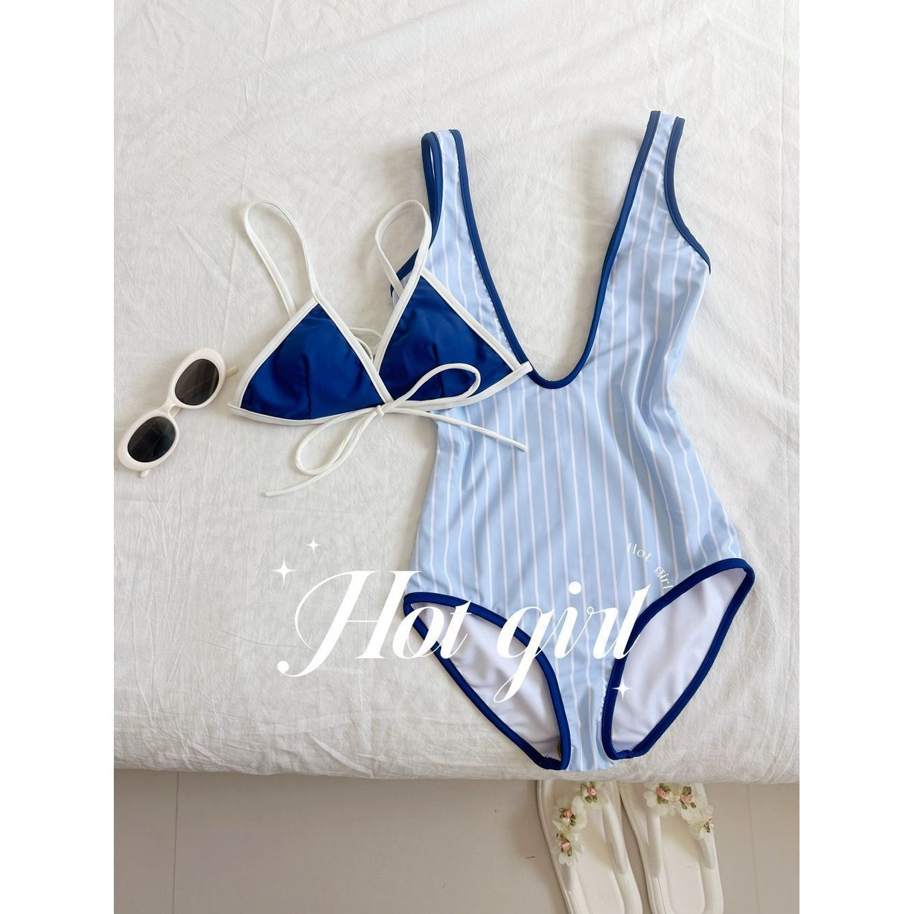 Retro Blue White Striped Swimsuit Set, One Piece + Triangle Bikini Top Bathing Suit