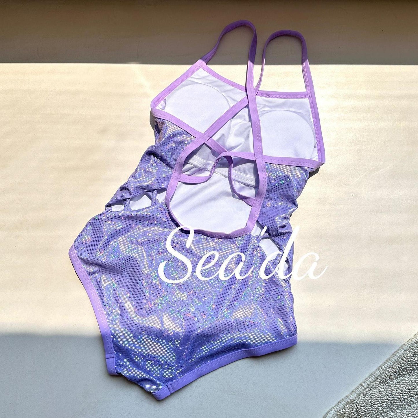 Iridescent Lavender Holographic One Piece Swimsuit for Women, Double Strap Bathing Suit