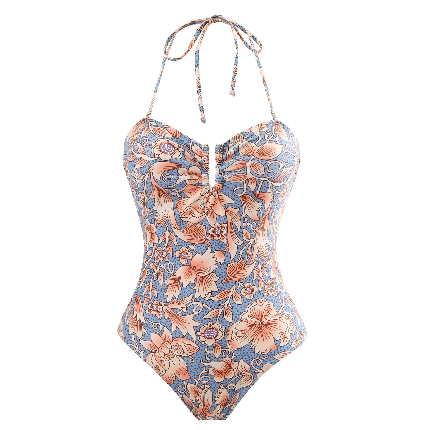 Romantic Floral Print Tie-Front One-Piece Swimsuit with Adjustable Straps & Long Wrap Sarong