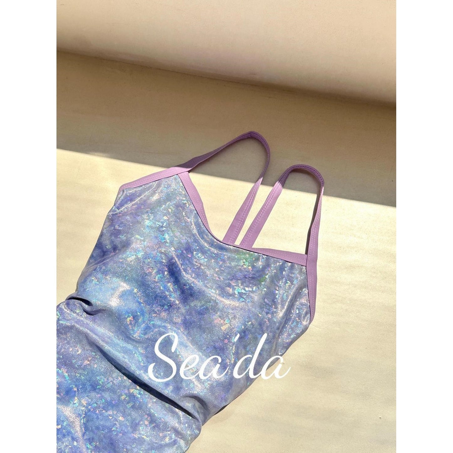 Iridescent Purple Holographic One Piece Swimsuit for Women, Lavender Trim Bathing Suit