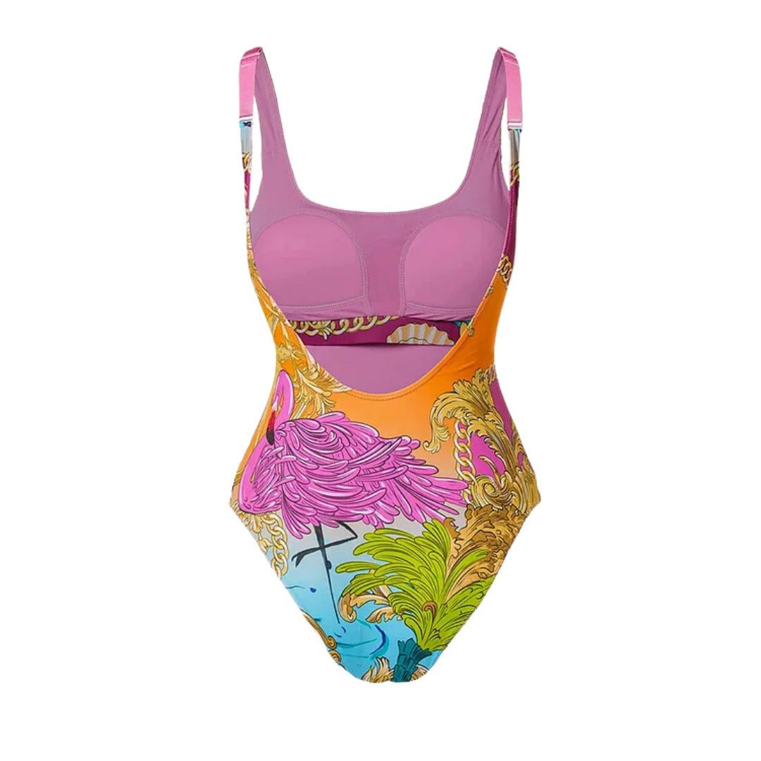 Baroque Chain & Shell Print One-Piece Swimsuit with Wrap Skirt – Luxury Vintage Ocean Style