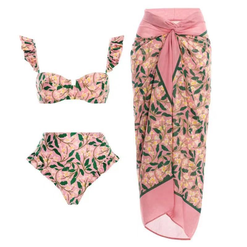 Romantic Floral Print Tie-Front One-Piece Swimsuit with Adjustable Straps & Long Wrap Sarong
