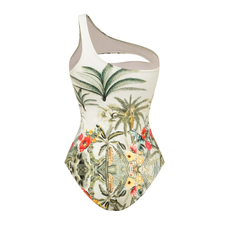 Tropical Print One-Shoulder One-Piece Swimsuit with Sheer Maxi Sarong – Front Cutout