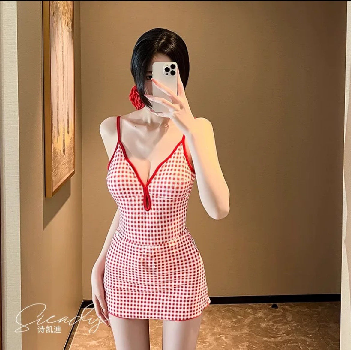 Vintage Gingham One-Piece Swimsuit with Matching Skirt – Underbust Cutout & Scalloped Trim