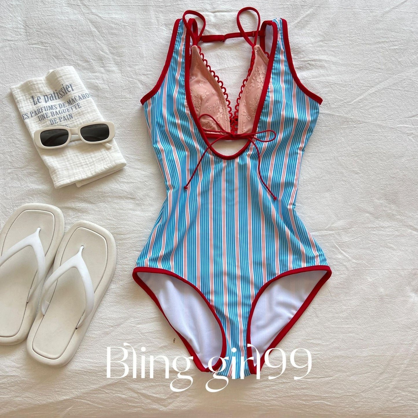 Retro Blue Red Striped One Piece Swimsuit, Lace Insert Cutout Bathing Suit for Women