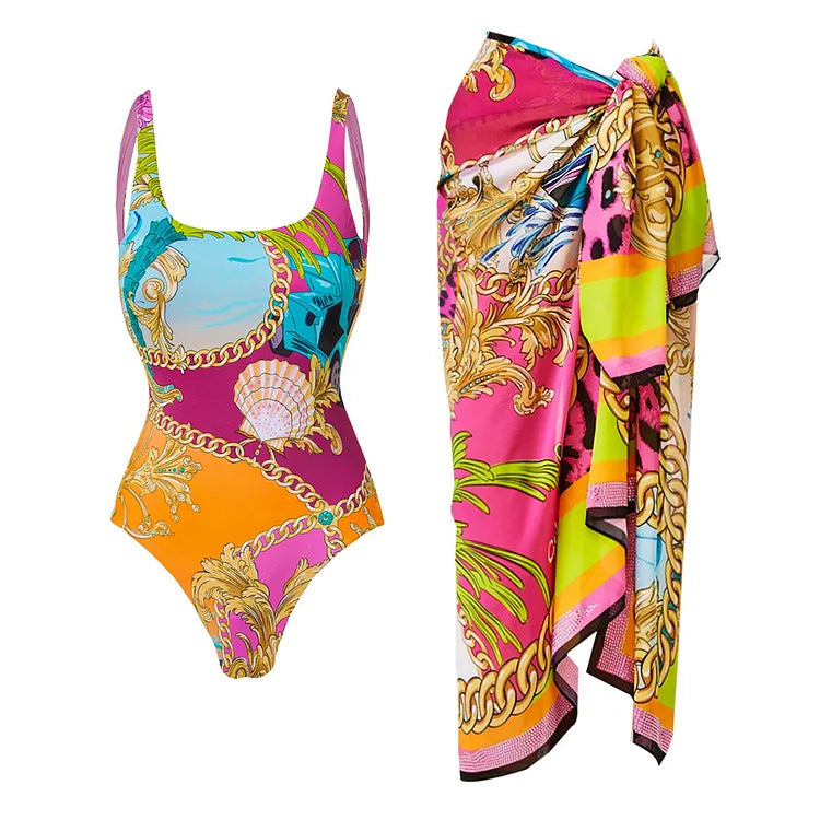 Baroque Chain & Shell Print One-Piece Swimsuit with Wrap Skirt – Luxury Vintage Ocean Style