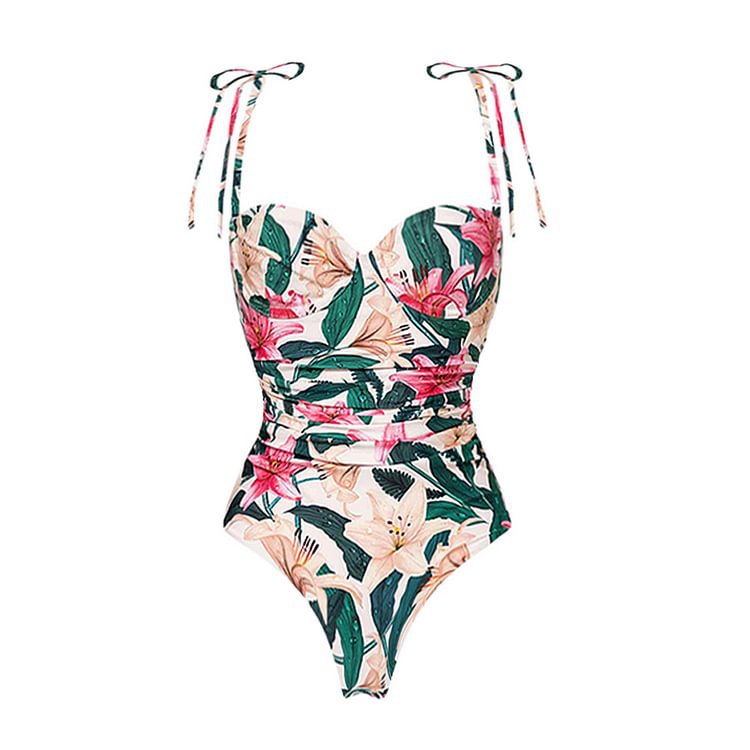 Romantic Floral Print Tie-Front One-Piece Swimsuit with Adjustable Straps & Long Wrap Sarong