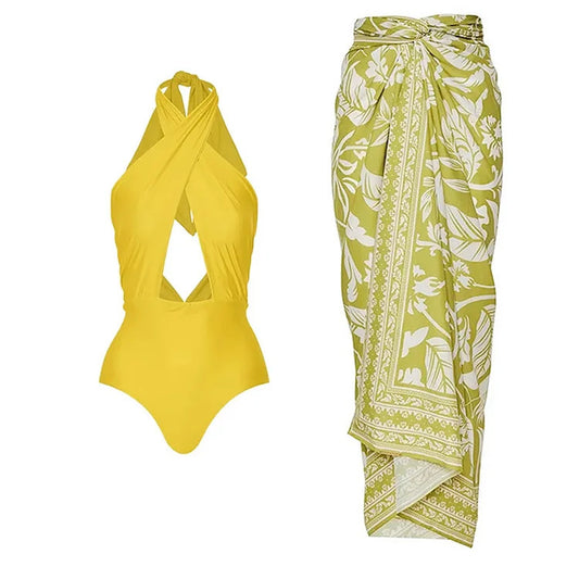 Lemon Yellow Crisscross Halter One-Piece Swimsuit with Cutout & Wrap Sarong