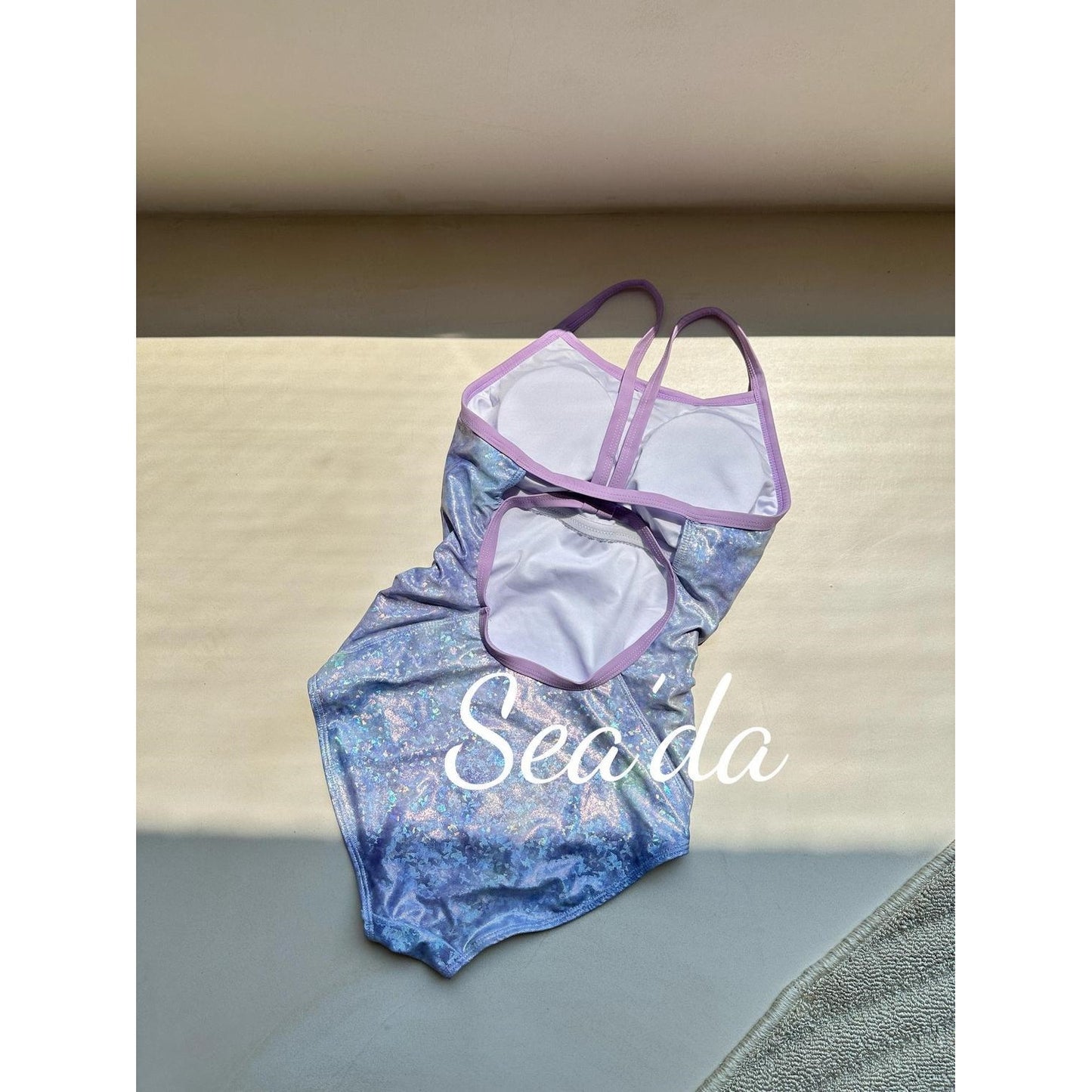 Iridescent Purple Holographic One Piece Swimsuit for Women, Lavender Trim Bathing Suit