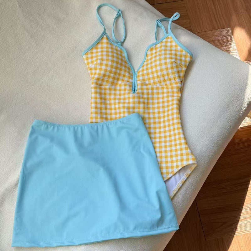 Lemon Yellow & White Checkered One-Piece Swimsuit with Baby Blue Trim, Adjustable Straps & Skirted Design