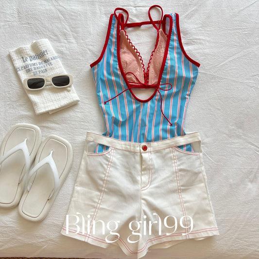 Retro Blue Red Striped One Piece Swimsuit, Lace Insert Cutout Bathing Suit for Women