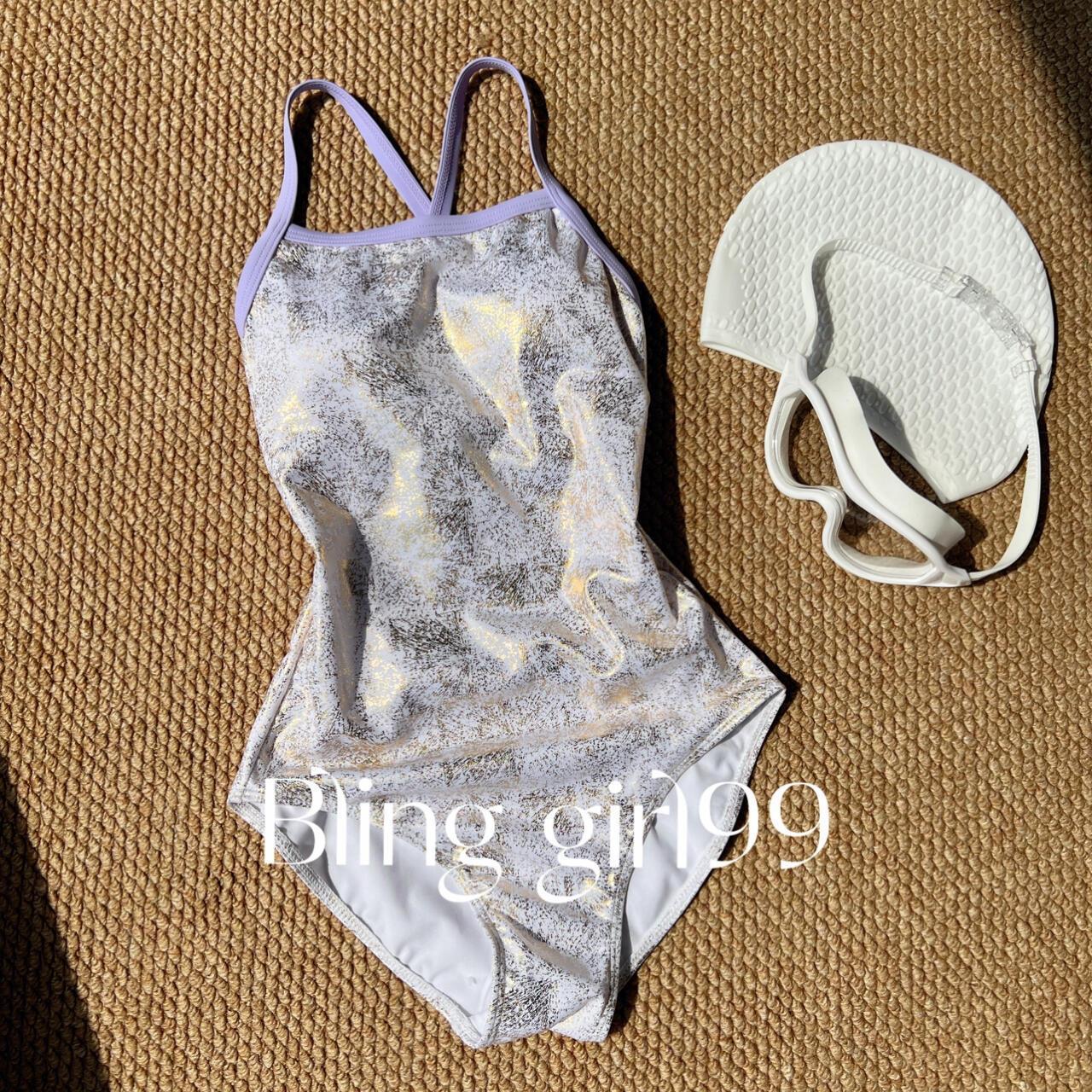 Metallic Gold Foil One Piece Swimsuit for Women, Lavender Trim Racerback Bathing Suit