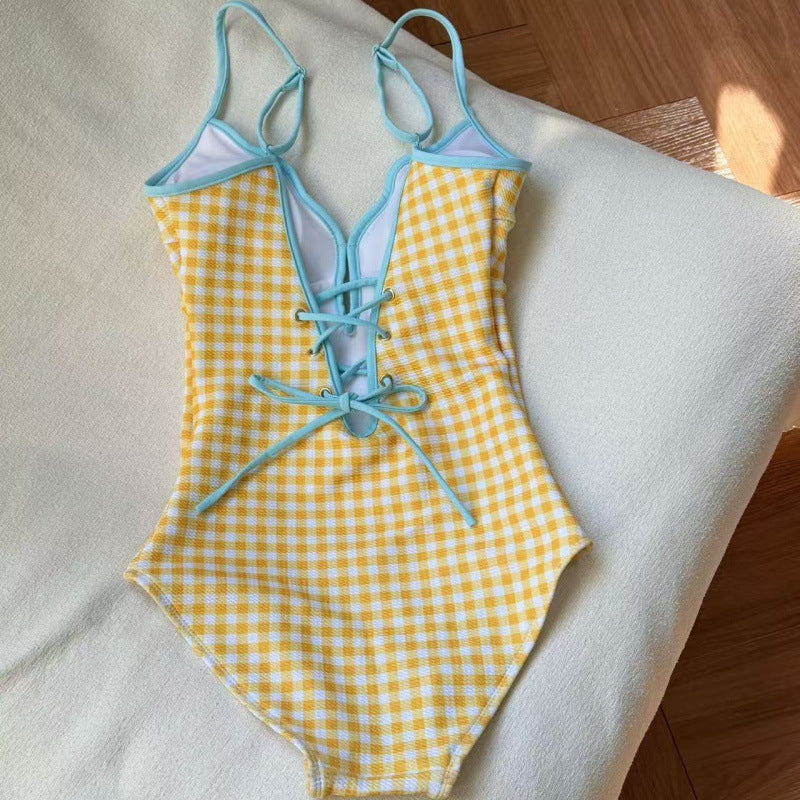 Lemon Yellow & White Checkered One-Piece Swimsuit with Baby Blue Trim, Adjustable Straps & Skirted Design