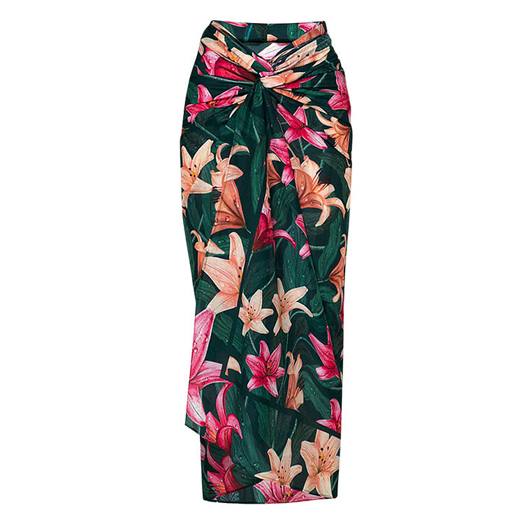 Romantic Floral Print Tie-Front One-Piece Swimsuit with Adjustable Straps & Long Wrap Sarong