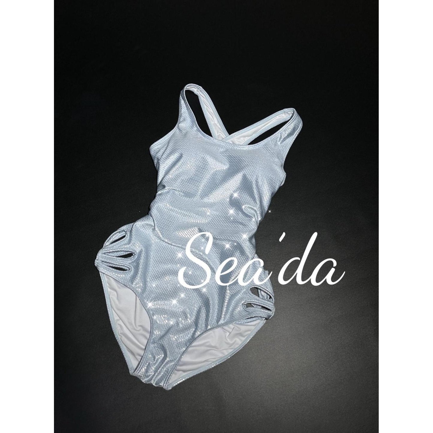 Shimmery Light Blue One Piece Swimsuit for Women, Cutout Side Racerback Bathing Suit