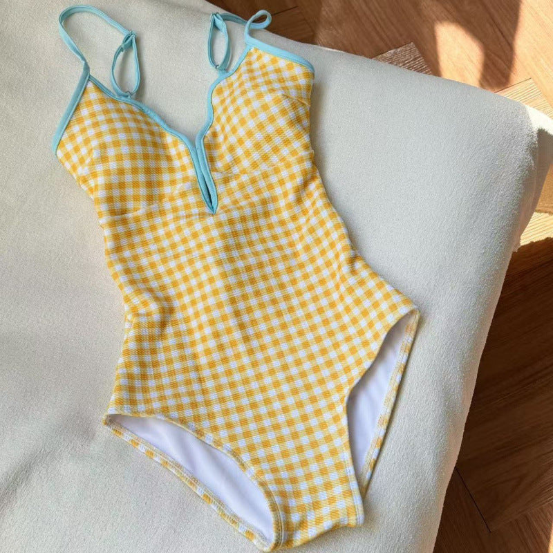 Lemon Yellow & White Checkered One-Piece Swimsuit with Baby Blue Trim, Adjustable Straps & Skirted Design