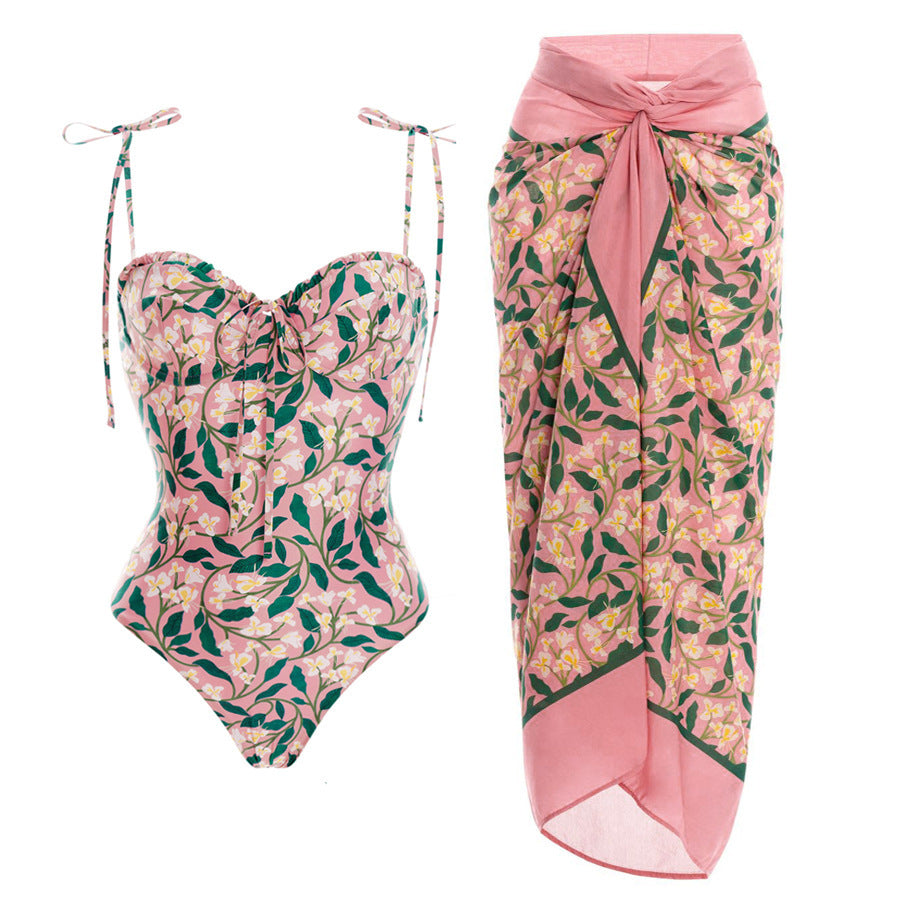 Romantic Floral Print Tie-Front One-Piece Swimsuit with Adjustable Straps & Long Wrap Sarong