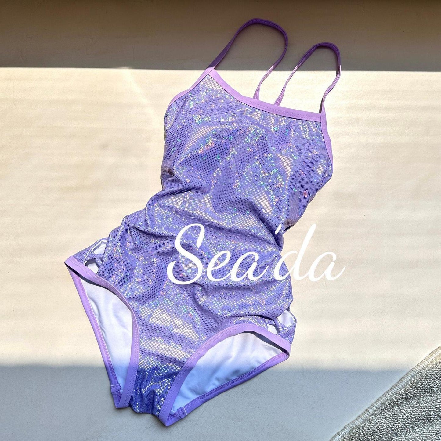 Iridescent Lavender Holographic One Piece Swimsuit for Women, Double Strap Bathing Suit
