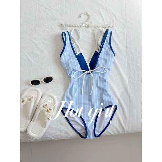 Retro Blue White Striped Swimsuit Set, One Piece + Triangle Bikini Top Bathing Suit