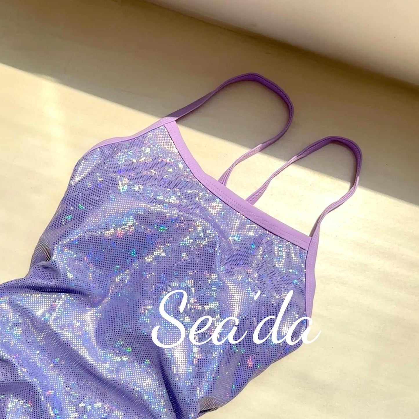 Iridescent Lavender Holographic One Piece Swimsuit for Women, Double Strap Bathing Suit