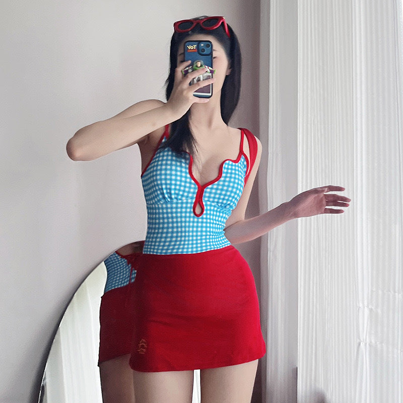 Vintage Gingham One-Piece Swimsuit with Matching Skirt – Underbust Cutout & Scalloped Trim