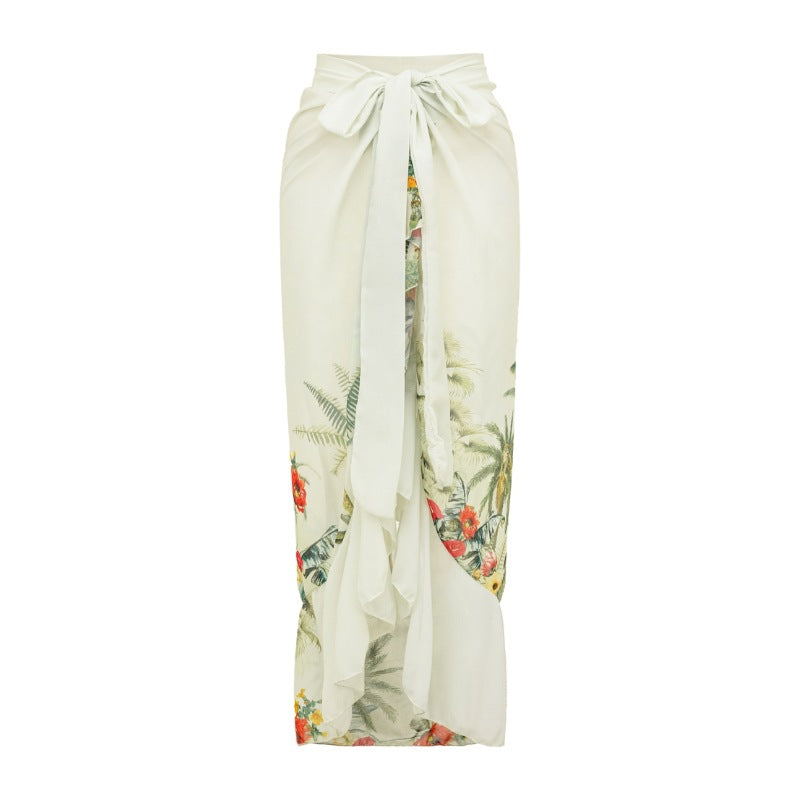 Tropical Print One-Shoulder One-Piece Swimsuit with Sheer Maxi Sarong – Front Cutout