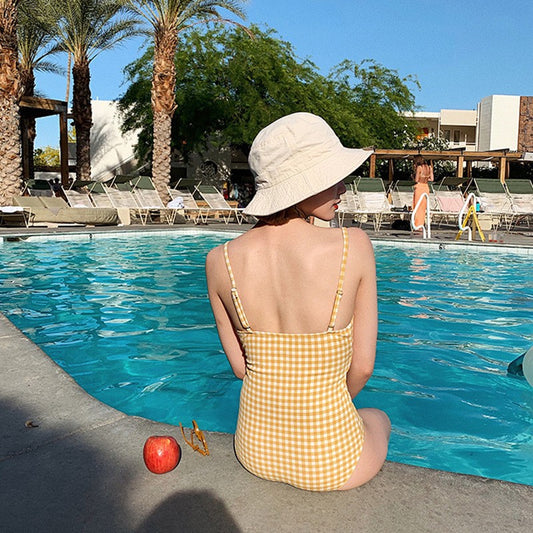 Lemon Yellow One-Piece Swimsuit with Front Knot & Cutout – Minimalist Retro Design