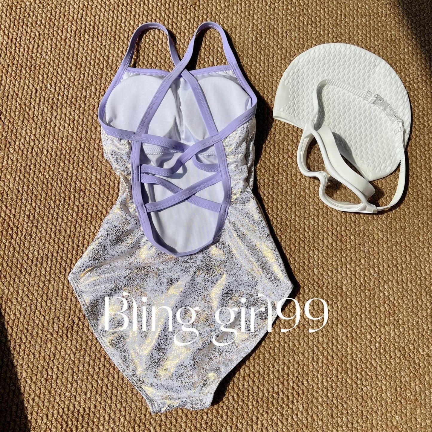 Metallic Gold Foil One Piece Swimsuit for Women, Lavender Trim Racerback Bathing Suit
