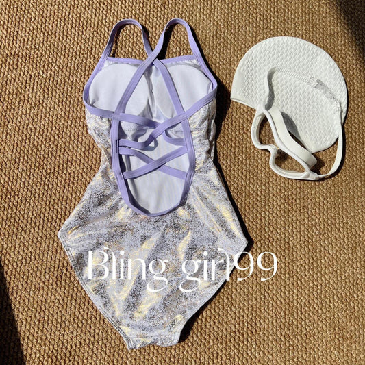 Metallic Gold Foil One Piece Swimsuit for Women, Lavender Trim Racerback Bathing Suit