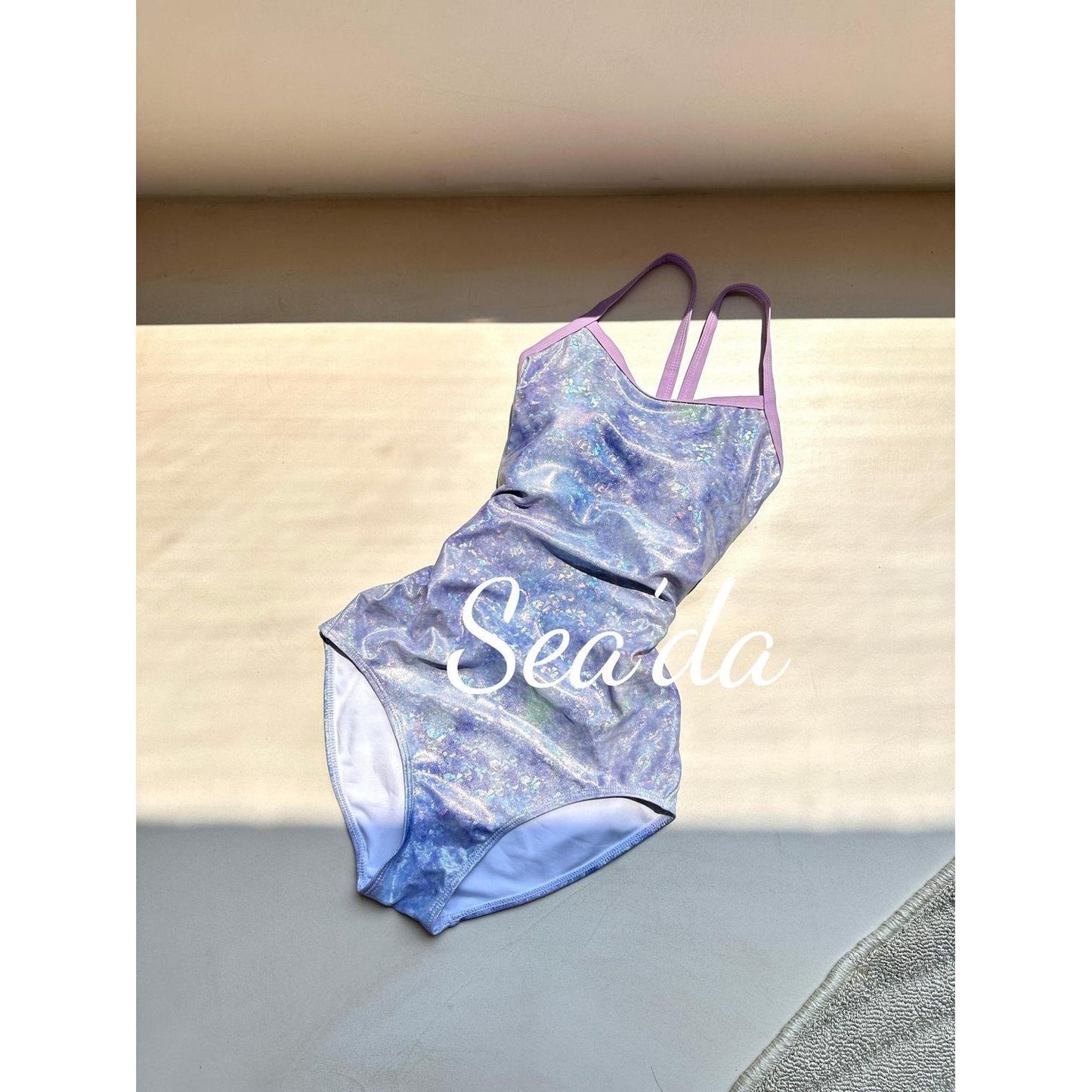 Iridescent Purple Holographic One Piece Swimsuit for Women, Lavender Trim Bathing Suit