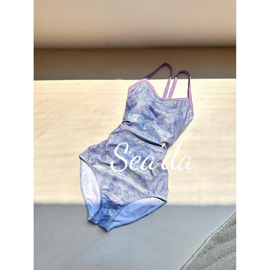 Iridescent Purple Holographic One Piece Swimsuit for Women, Lavender Trim Bathing Suit