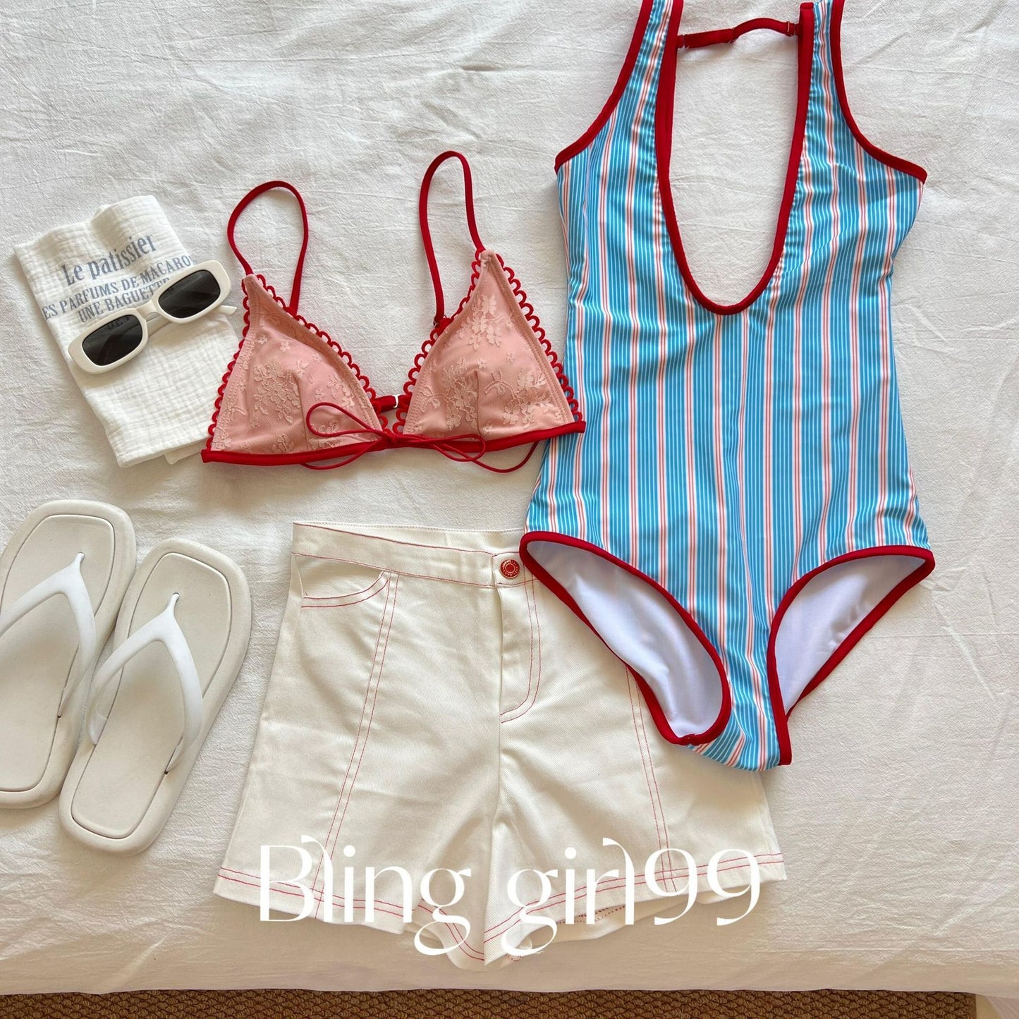 Retro Blue Red Striped One Piece Swimsuit, Lace Insert Cutout Bathing Suit for Women
