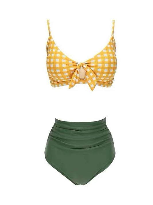 Retro Lemon Yellow Gingham Tie-Front Swim Top & Green Ruched Swim Bottom – Two-Piece Set